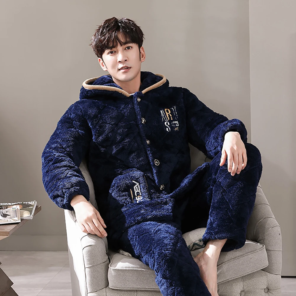 Men's Pajama Sets Winter Flannel Pajamas Trendyol Hooded Sleepwear Thick 3-layer Cotton Big Size Pajamas for Men Loose Home Wear