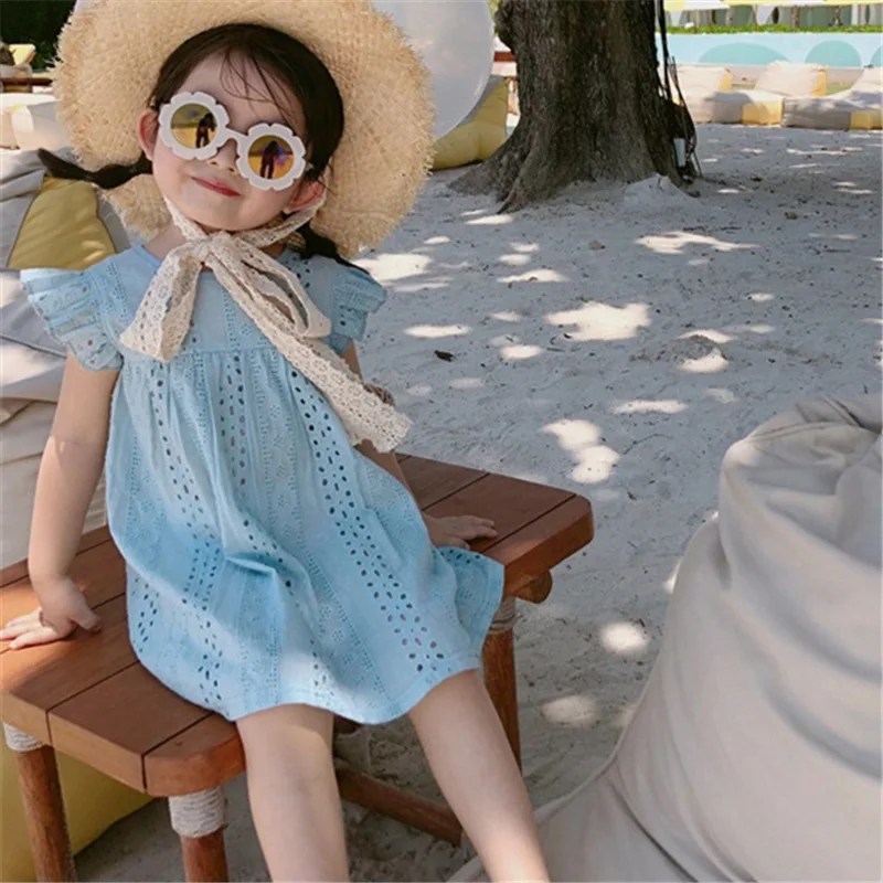 Кружевное платье принцессы для девочек Новинка лета 2019 детское однотонное