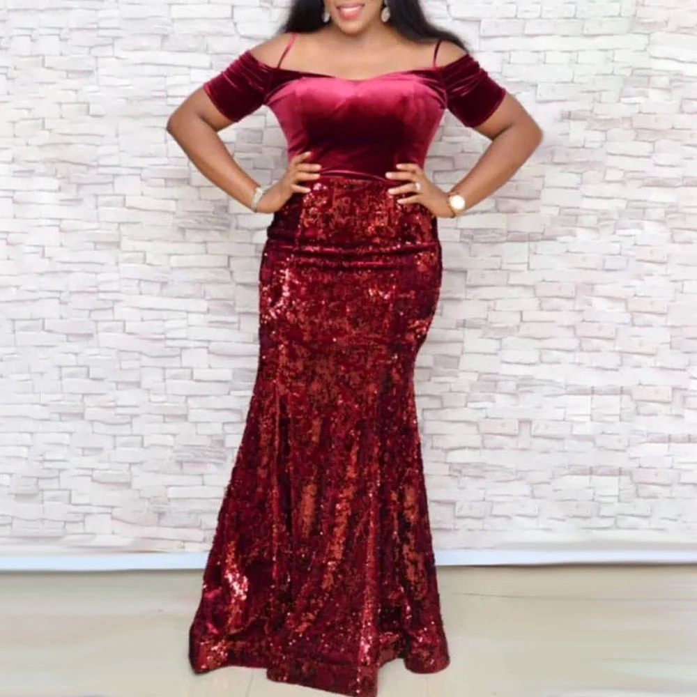Floor-Length Off Shoulder Sequins Evening Women Dress Vintage Red Short Sleeve Velvet Sexy Long Party African Ladies Retro | Женская