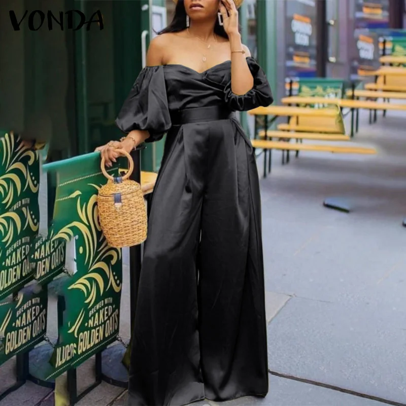 

VONDA Women Summer Half Sleeve Off Shoulder Long Jumpsuits Wide Leg Long Trousers Plus Size Casual Satin Pantalon Office Overall