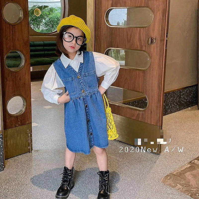 Юбка костюм для девочек осень 2020 Детская универсальная однобортная джинсовая