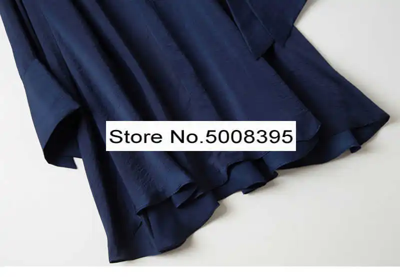 

Woman Navy Oversized Mini dress V-neck Lace Up tied Pleated deatail Long Sleeves Flared Cuffs slit Fashion short dress