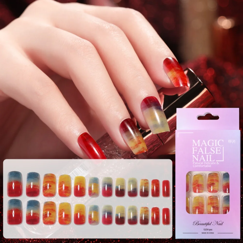 

False Nails No Harm to Nails Health And Safety Material No Pungent Odor Square Waterproof Gradient Color Fake Nail