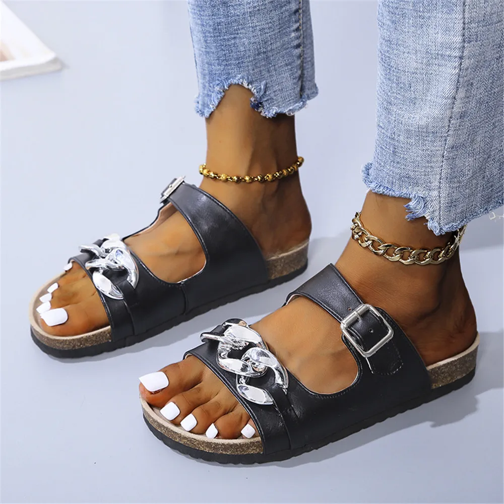 

Women's Sandals Mixed Color Flat-heeled Leopard Sandals Metal Decoration Summer Ladies Beach Shoes Sandals Women's Shoes