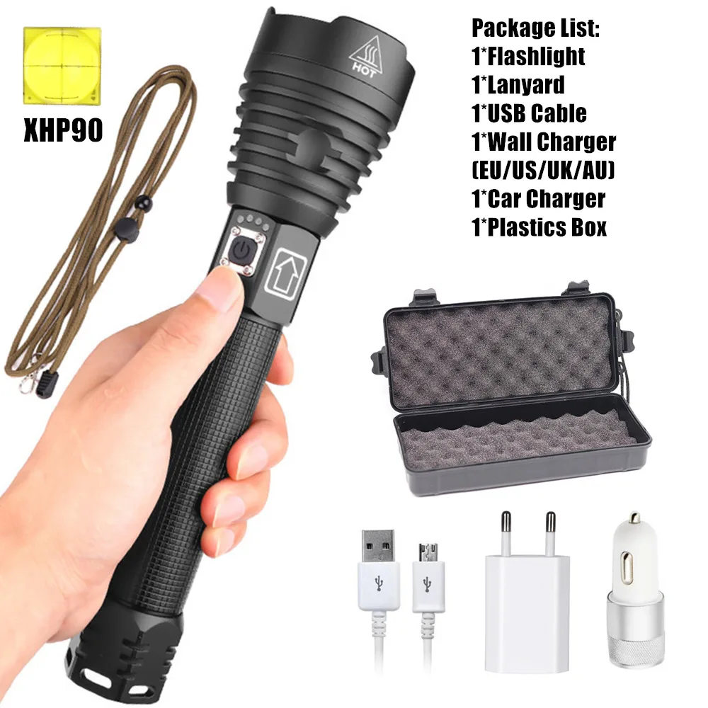 Package I XHP90 светодиодный фонарик XHP70.2 XHP50 USB Перезаряжаемый мощный фонарь с зумом, водонепроницаемый фонарь для охоты, кемпинга, использования 18650 26650 Batt - Испускаемый цвет: Package I