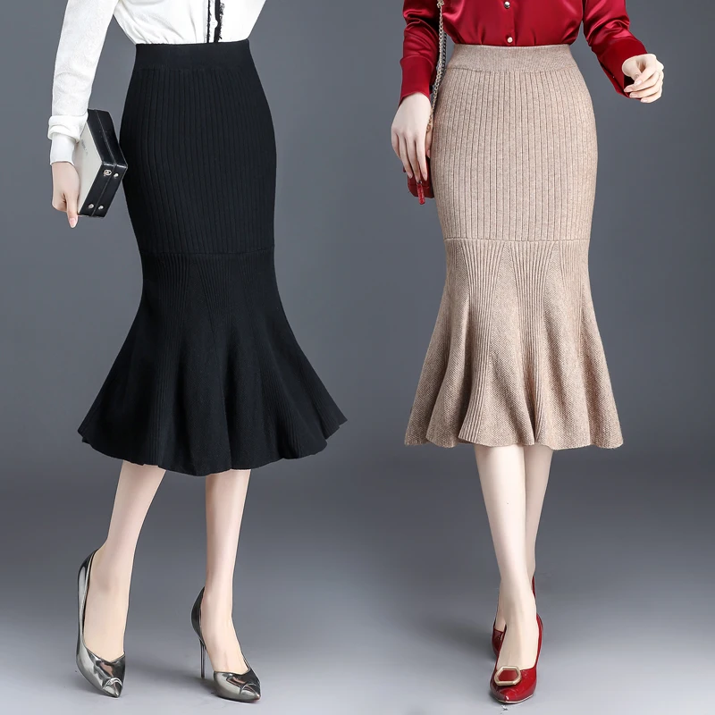 faldas mujer moda 2019 skirts womens autumn winter knit high waist pleated long skirt wool fishtail gothic female jupe femme | Женская