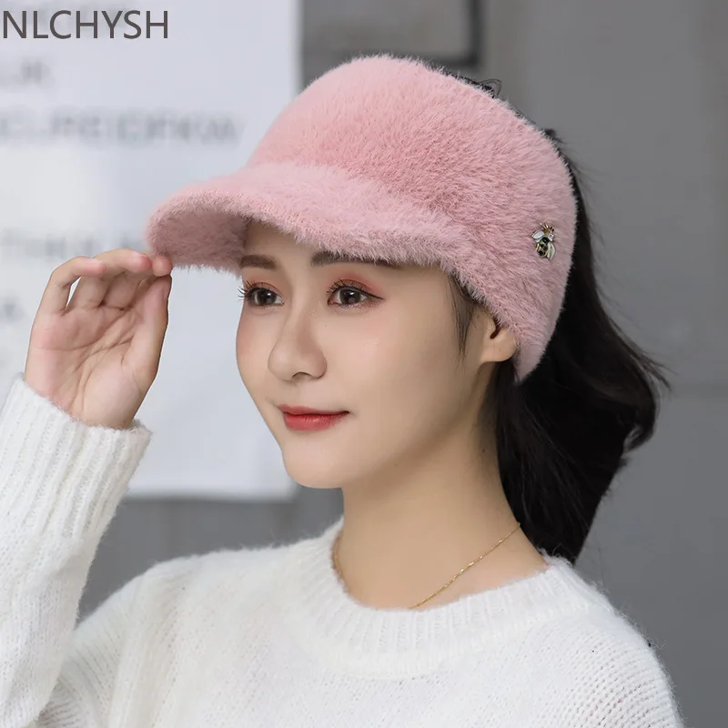 

Woman Girl Mink Hair Visor Cap Bee Knitted Autumn Winter Hat Solid Color Elastic Cycling Running Golf Empty Top Cap