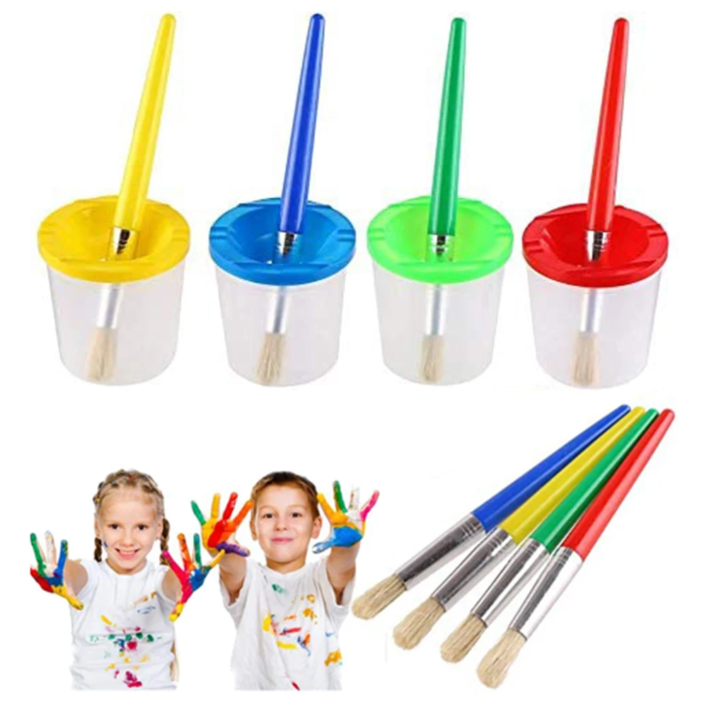 

4Pcs Paint Brushes and 4pcs No Spill Paint Cups with Lids for Kids Beginners Learning Painting Tools