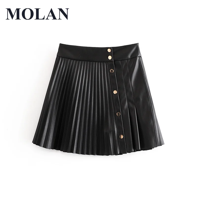 

MOLAN Women Vintage High Waist PU Leather Skirt Pleated Faldas Mujer Gront Buttons Casual Female High Quality Brand Chic Skirts