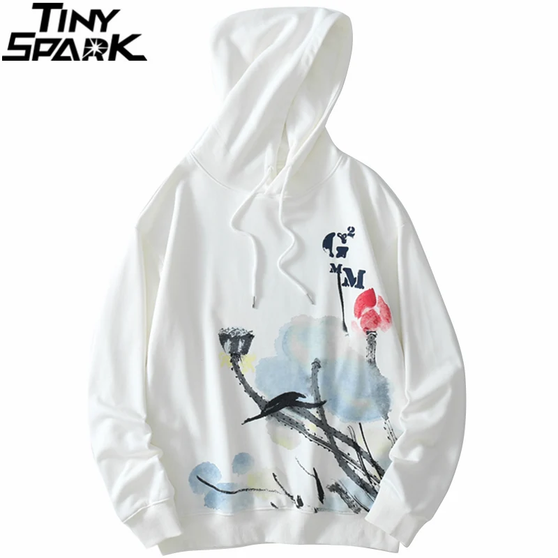 

Men Hip Hop Hoodie Sweatshirt Streetwear Painting Lotus Butterfly Print Hooded Hoodie 2021 Autumn Cotton Harajuku Pullover Black