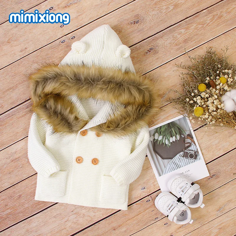 

New Sell Fashion Baby Sweater Coat Cute Fur Collar Animal Hooded Knitting Baby Coat Autumn Winter Warm Clothes for Baby Girl Boy