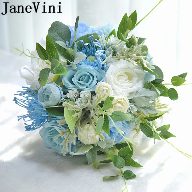 JaneVini синие шелковые розы пионы Искусственные цветы Свадебный букет fleur bleu