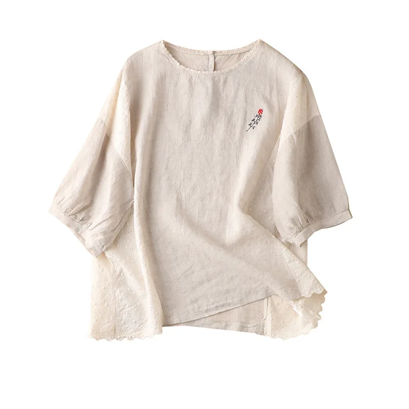 

SHUCHAN Sweet Womens Tops and Blouses 100% Linen Embroidery O-Neck SHORT Sleeve Blusa Feminina Ladies Tops