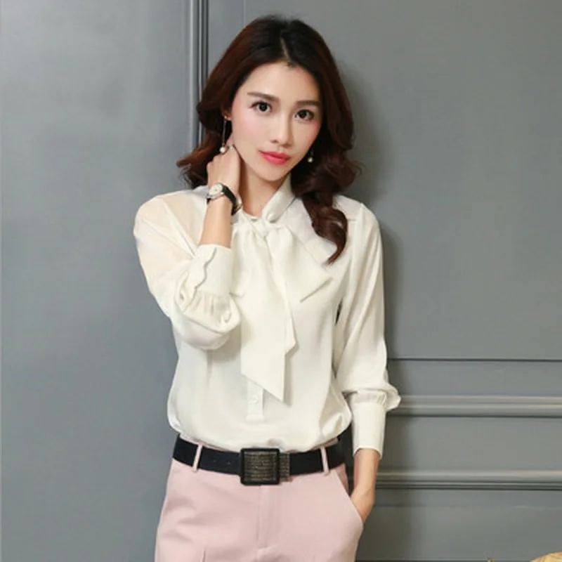 

QRWR Fashion Women Blouses 2020 Spring Autumn Korean Bow Tie Imitation Silk Long Sleeves Shirt Elegant Solid Office Blouse Women