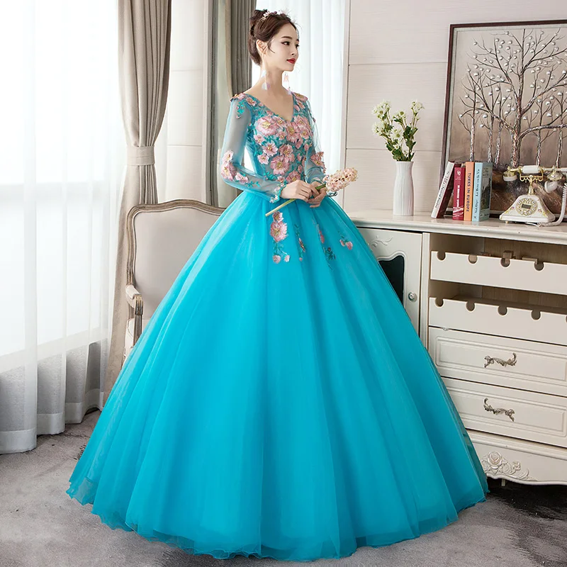 Quinceanera Dresses 2021 Elegant V-neck Party Prom Ball Gown Long Sleeve Sweet Floral Print Vestido De Dress | Свадьбы и торжества