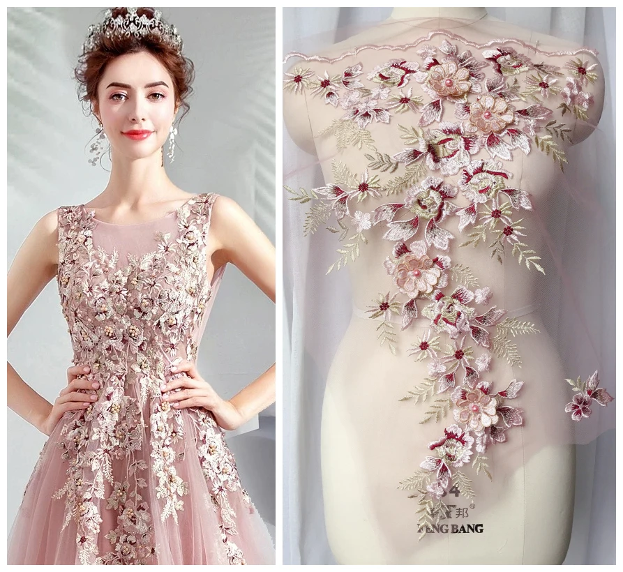 3D цветок бисером кружева большая аппликация патч свадебное платье DIY