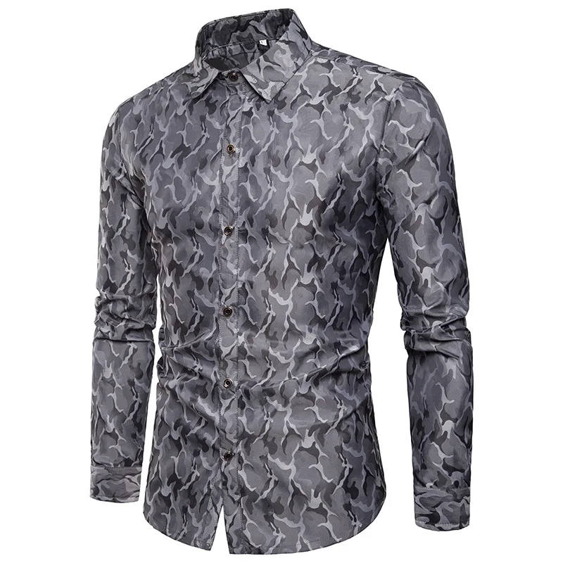 

shirt bright Men's night club camouflage design silk cloth Lapel men's long sleeve shirt