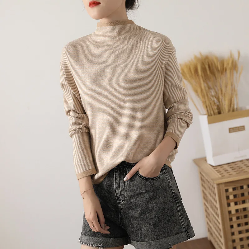 

Ladies new high-neck striped stitching long-sleeved knitted top gray