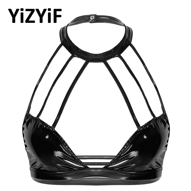 

Sexy Lingerie Women Halter Neck Strappy Bras Wet Look Patent Leather Lingerie Bralette Deep V Backless Wire-free Unlined Bra Top