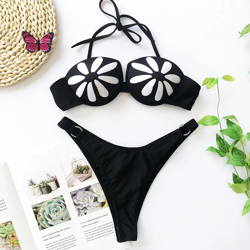 Сексуальный женский купальник-бикини с лямкой на шее принтом высокой талией и