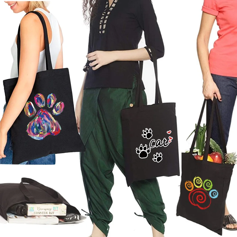 

Women Shopping Bag Foot Prints Pattern Handbag Foldable Reusable Cloth Shopper Harajuku Style Bag Student Canvas Tote Bag