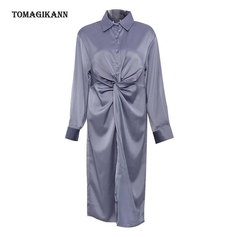 

Shirt Satin Dress for Woman Turn Down Collar Long Sleeve Cross Draped Midi Dresses 2021 New Autumn Fashion Elegant Knot Clothing