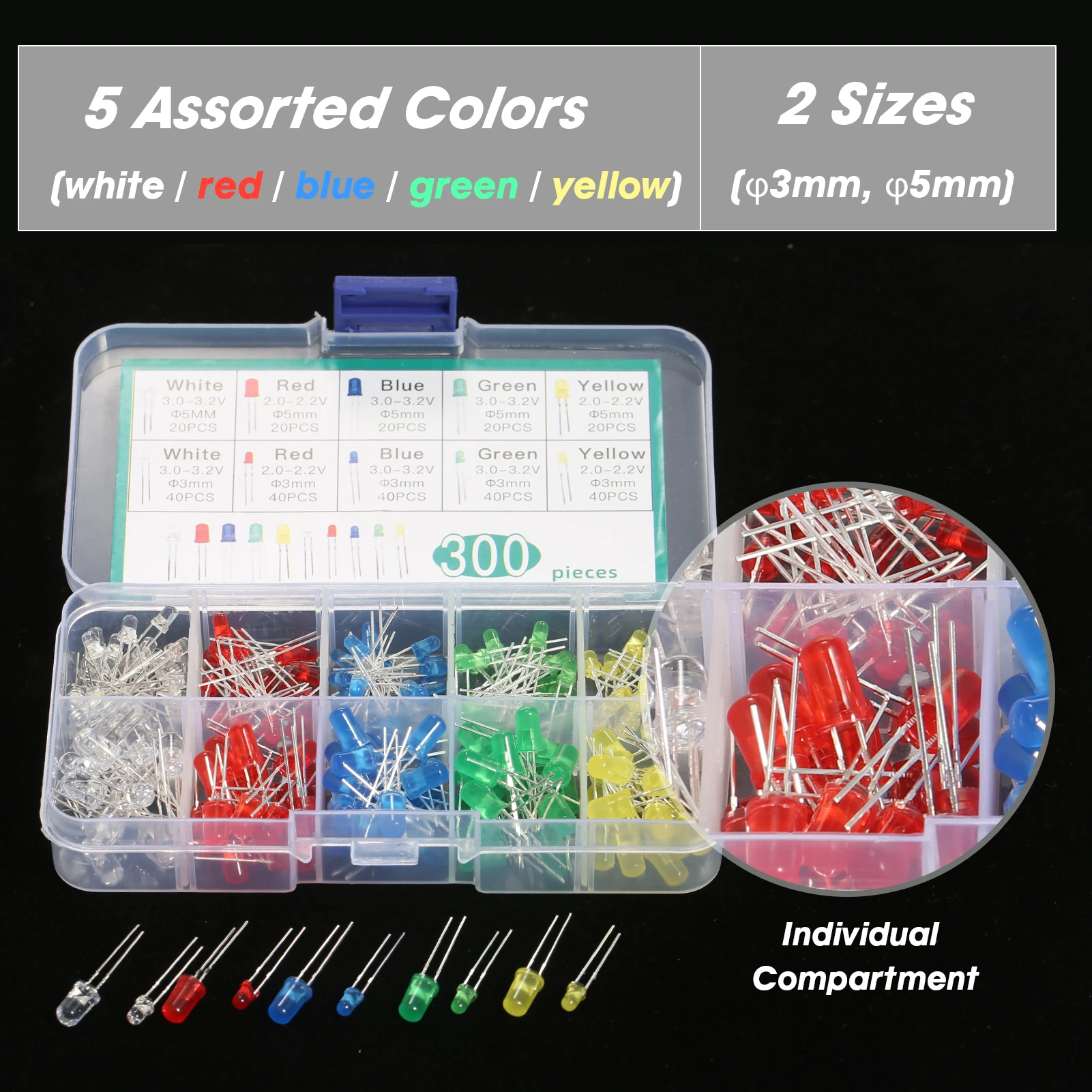

300Pcs 3mm 5mm Light Emitting Diodes Set with Assorted Color 2-Pin Diffused LED Set 5 Colors Electronic Components