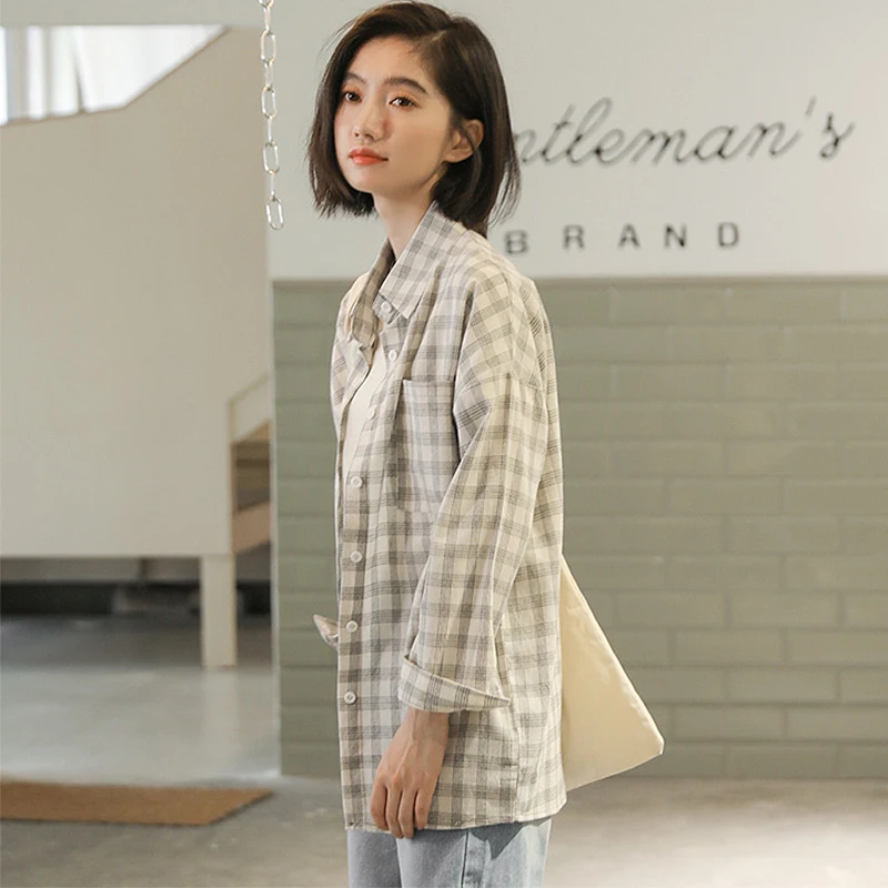 

BETHQUENOY Blusas Camisas Mujer Cotton Shirts Women Chemise Femme Plaid Blouses Spring Ladies Tops 2021 Fashion Woman Clothing