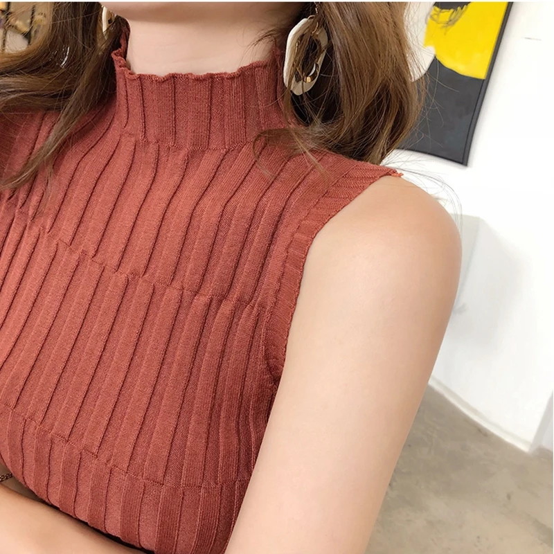 

Tank Top Women Korean Turtleneck Croptop Slim Knitting Vest Girls Fashion Camis Sweater Sexy Sleeveless Tshirt Womens Clothing