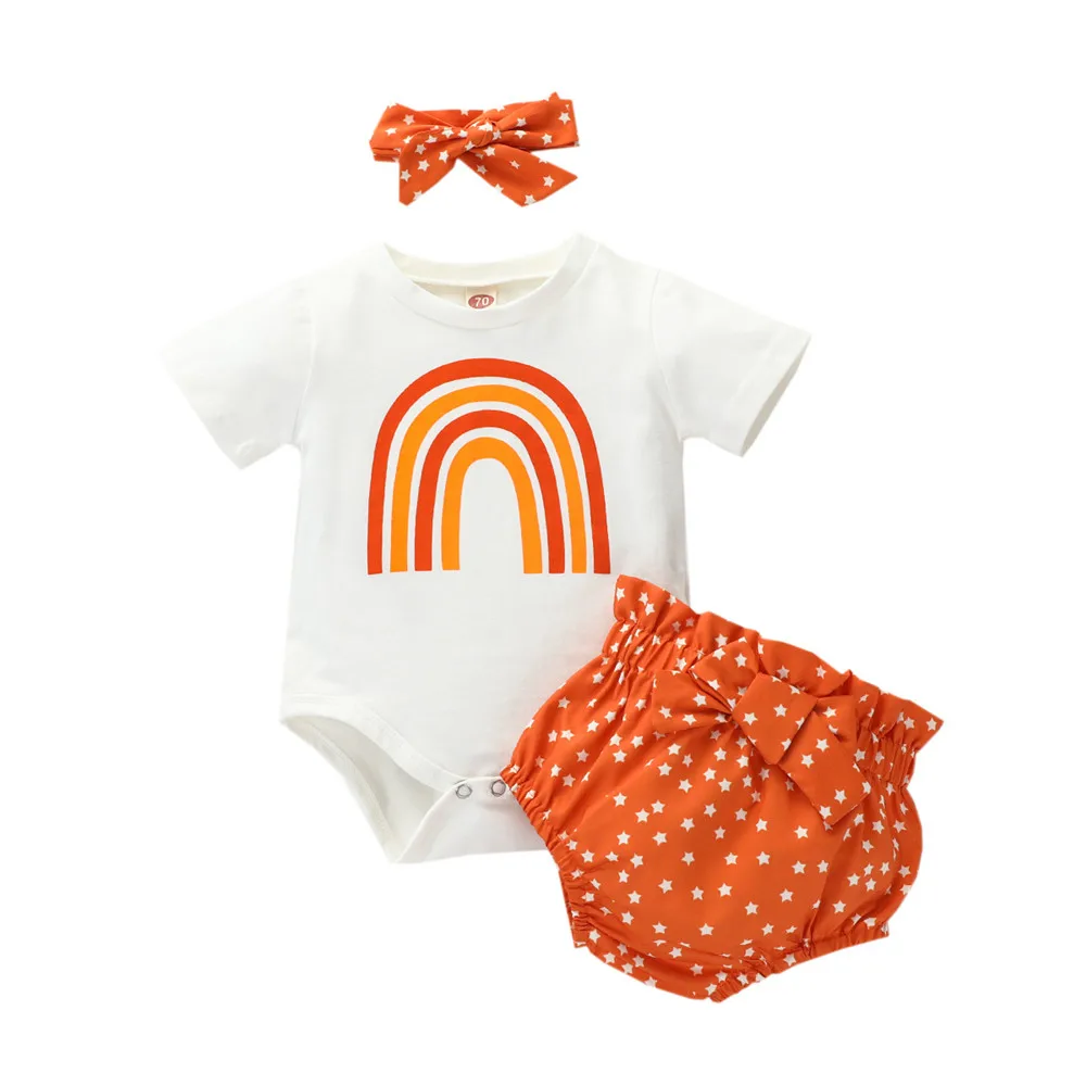 

Summer Rainbow Neborn Rompers headbands+2 Colors Toddles+Pants Baby Cotton Clothes Set Girls Fashion Outfit Kids Clothing Set