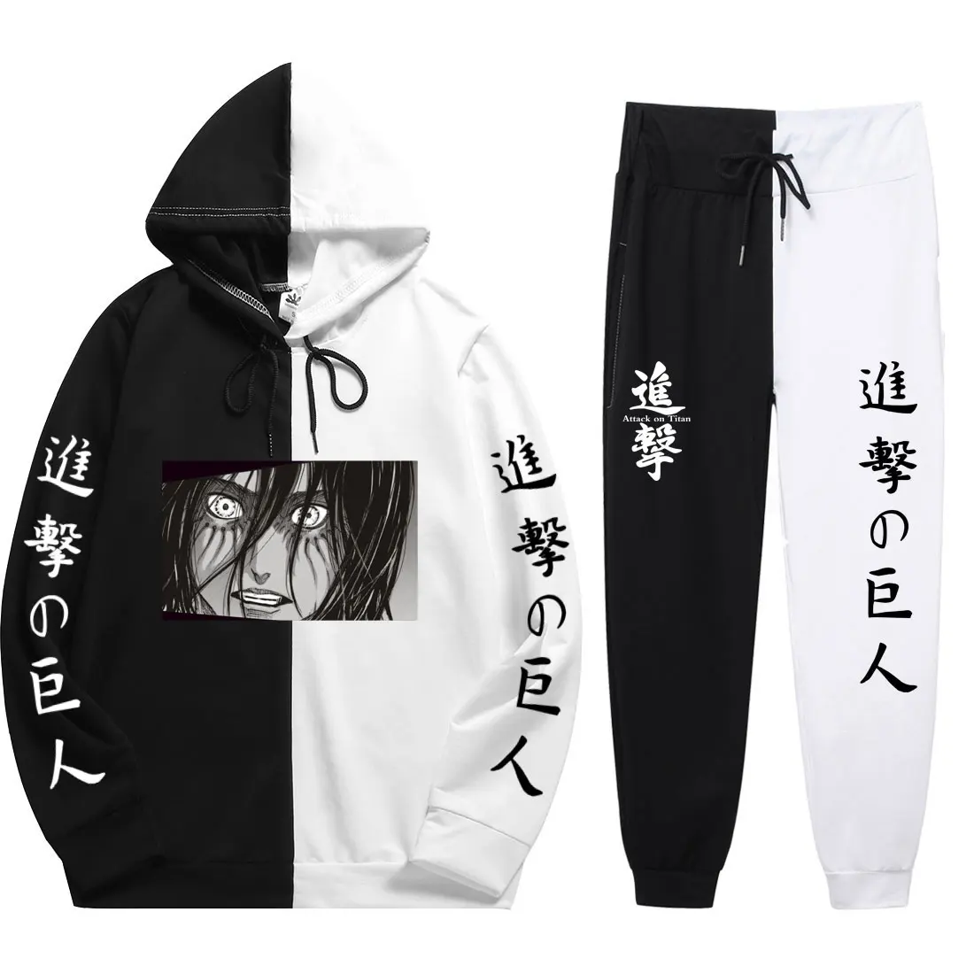 

Summer Unisex 2 Pieces Sets Anime Attack on Titan Print Patchwork Thin Hoodie+Patchwork Pants Men Harajuku Sweatshirt New