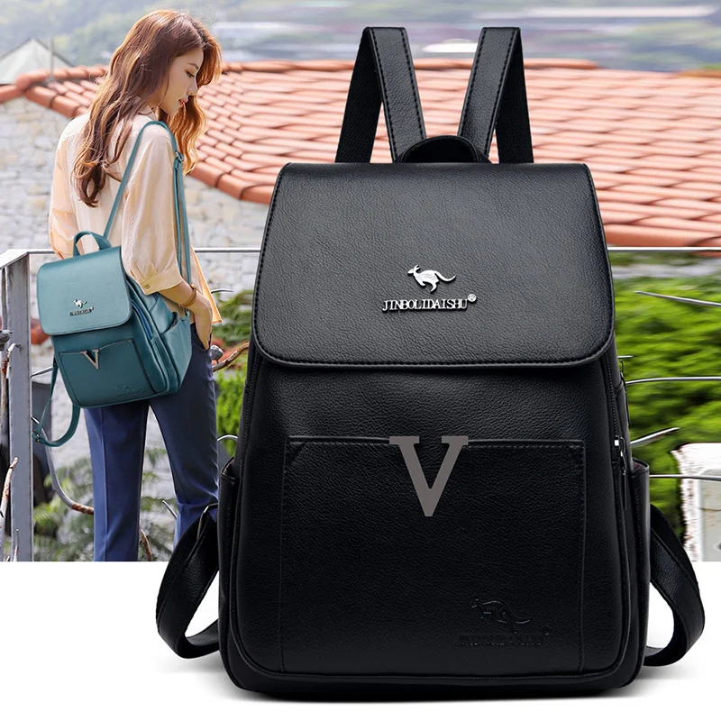 

2020 Anti Theft V Pattern Women Backpack Stylish PU Leather Lady Travel Back Pack Large Chic Black School Bags for Girls Bagpack