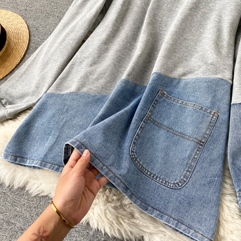 

Foamlina Korean style women's oversized sweatshirt denim patchwork long sleeve pullover tops new spring autumn loose streetwear