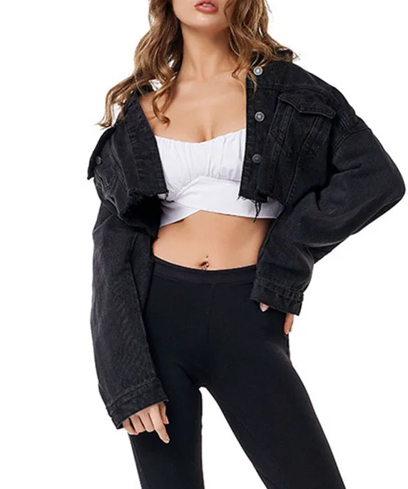 Модная женская джинсовая куртка с отложным воротником укороченный топ тонкие