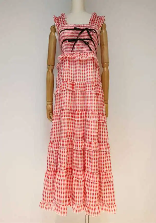

[DEAT] new summer square cllar sleeveless ruffles pleated pullover A-line big bottoms long dress female vestido WR45206L