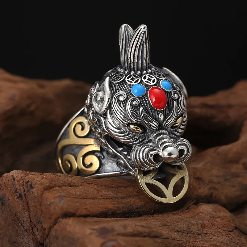 Регулируемое кольцо Pixiu для мужчин серебряного цвета Панк инкрустированное