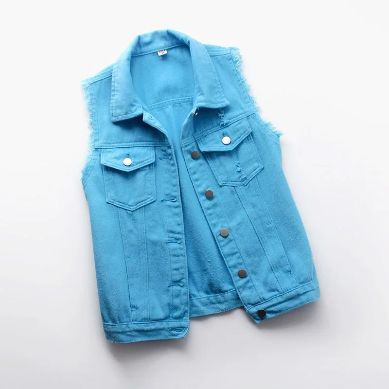 

New Fashion Multicolor Denim Vest Women's Short Spring And Summer Slimming Raw Edge Sleeveless Jacket Ripped Cardigan Top Y2K