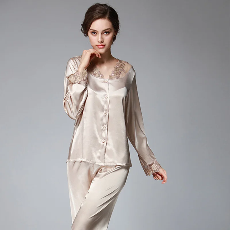 

2019 Women pajamas two-piece long sleeve pants Lace decoration silk cloth leisure homewear v-neck design nightgown
