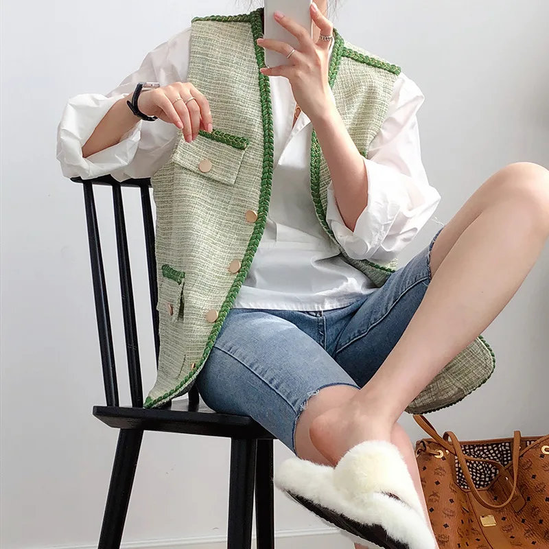 Женский твидовый жилет в клетку HLHPYHB с зелеными полосками|Жилеты и безрукавки| |