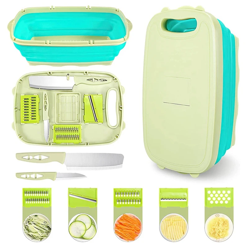 

Collapsible Cutting Board And 9 In 1 Multifunction Storage Basket Set, Including Cutting Board, Vegetable Slice Cutters