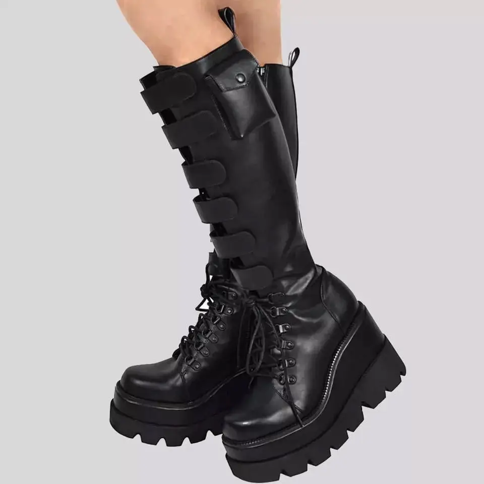 

Dropshipping 2021 Women Boots Platform Goth Punk Martin Black High Heels Black Sexy Ladies Shoes Plus Size 41 42