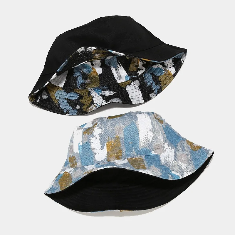 

New Fisherman Hat Hole Denim and Women Hip-hop Street Graffiti Double-sided Bucket Hat Four Seasons Universal Bucket Hat