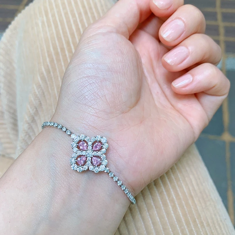 

Shipei 925 Sterling Silver Pink Sapphare Created Moissanite Four Leaf Clover Earrings/Pendant/Necklace/Bracelets Jewelry Set