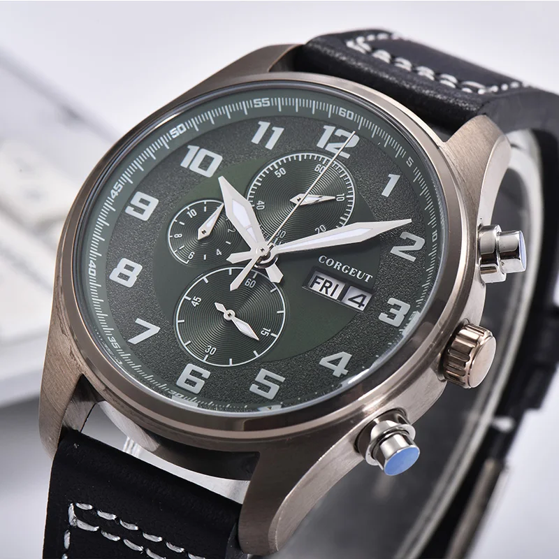 2021 CORGEUT New Brand Men's Quartz Watch 41mm Fashion Green Dial Stainless Steel Pvd Case Calendar Date Luminous Pointer Watch