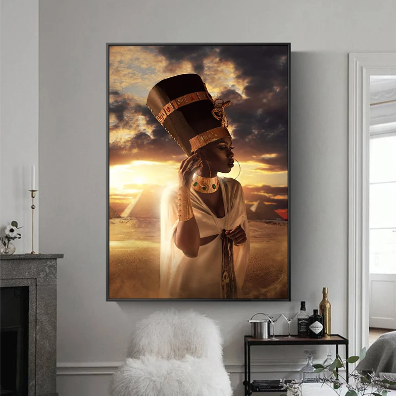 

African Woman Egyptian Pharaoh Headband Portrait Canvas Painting Poster and Prints Scandinavian Wall Art Picture for Living Room