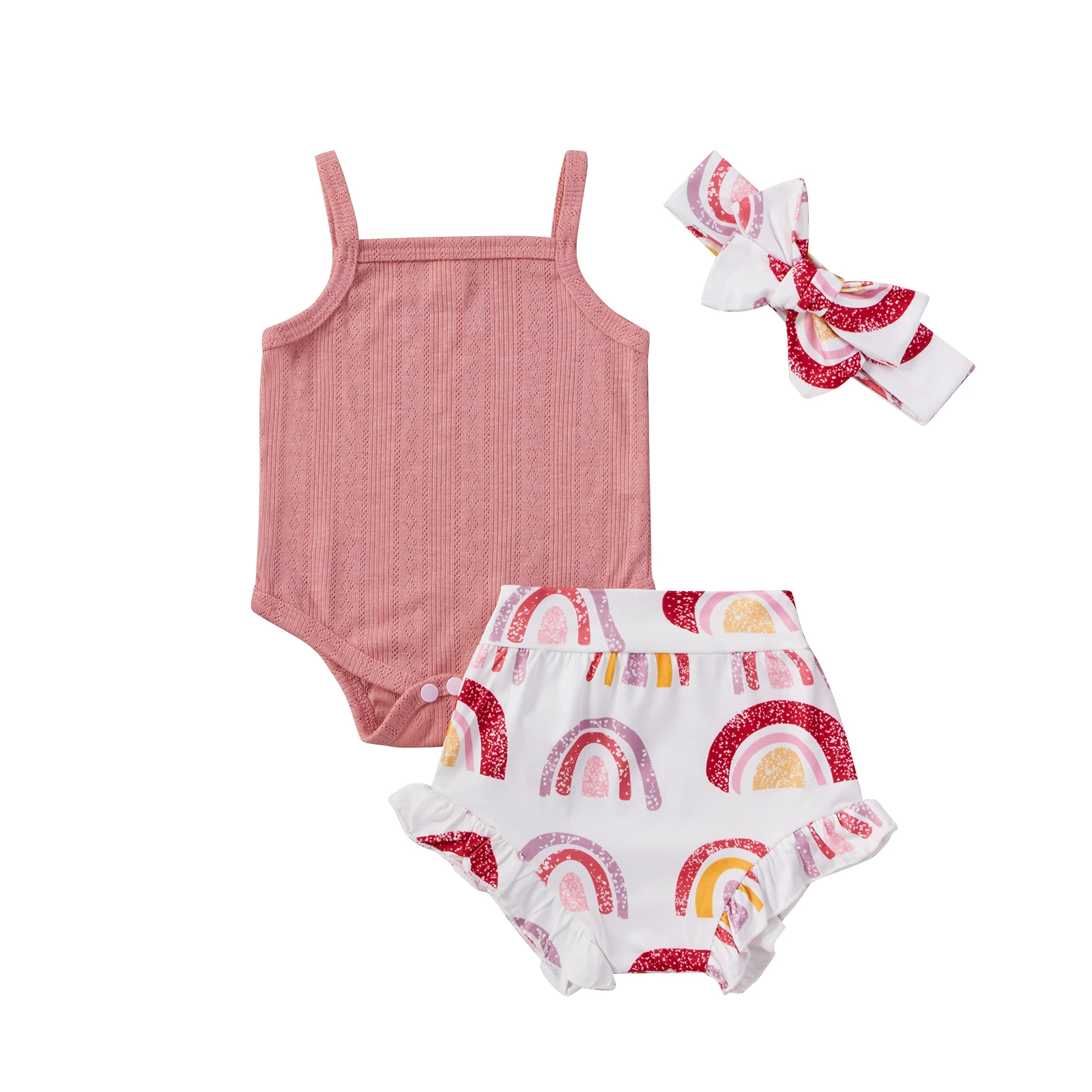 

3Pcs Baby Newborn Summer Set Sleeveless Solid Romper High Waist Rainbow Print Shorts Hairband Infant Toddler Outfits 0-24M