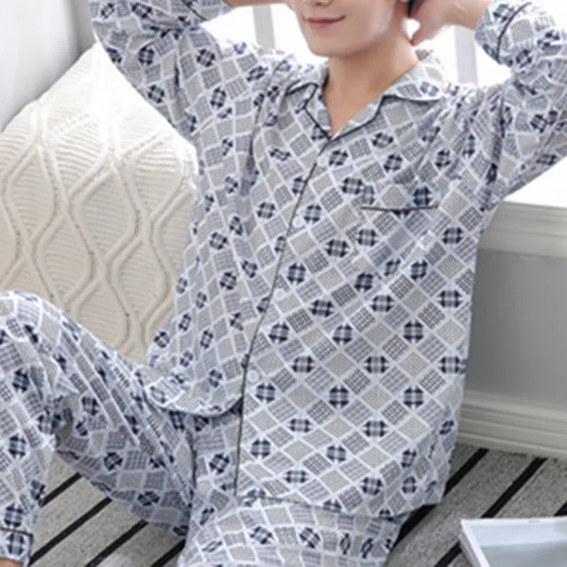 

WENYUJH Spring Pajamas Set For Men Two Piece Cotton Sleepwear Long Sleeve Print Nightwear Men Plus Size Loungewear Autumn Pijama