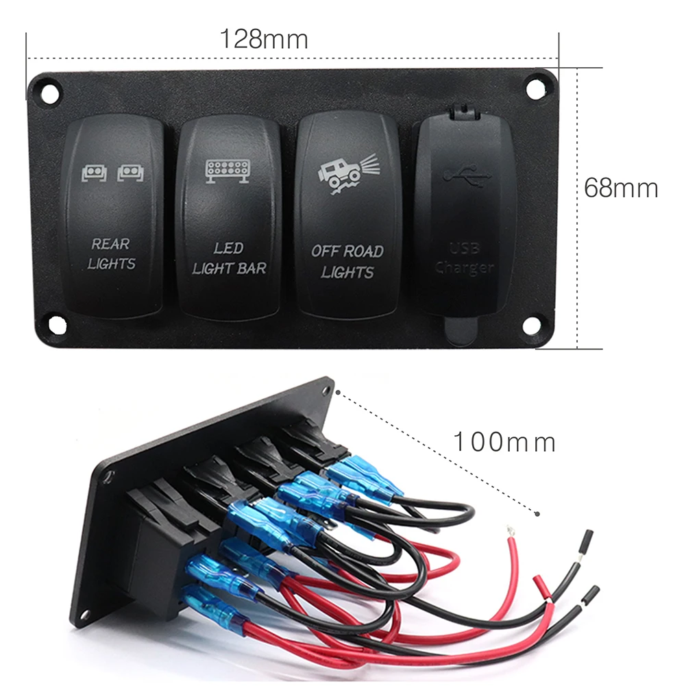 

Blue LED 3 Gang Rocker Switch Panel with4.2A Dual USB Rocker Style Fast Charger for Car Marine Boat Waterproof Auto Accessories