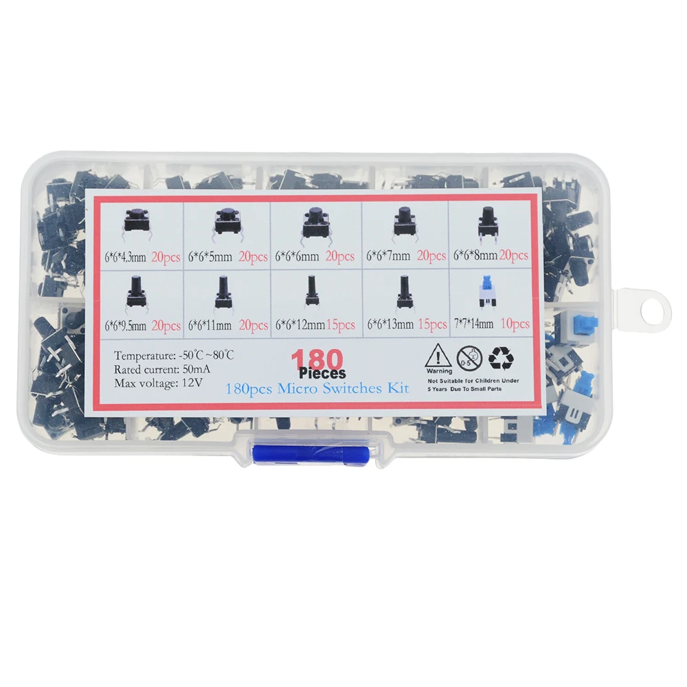 180PCS 10 моделей 180 шт 6*6 Такт переключатель Тактильные Кнопочный переключатель набор высота 4,3 мм~ 13 мм DIP 4P микро переключатель 6x6 ключ переключатель - Цвет: 180PCS