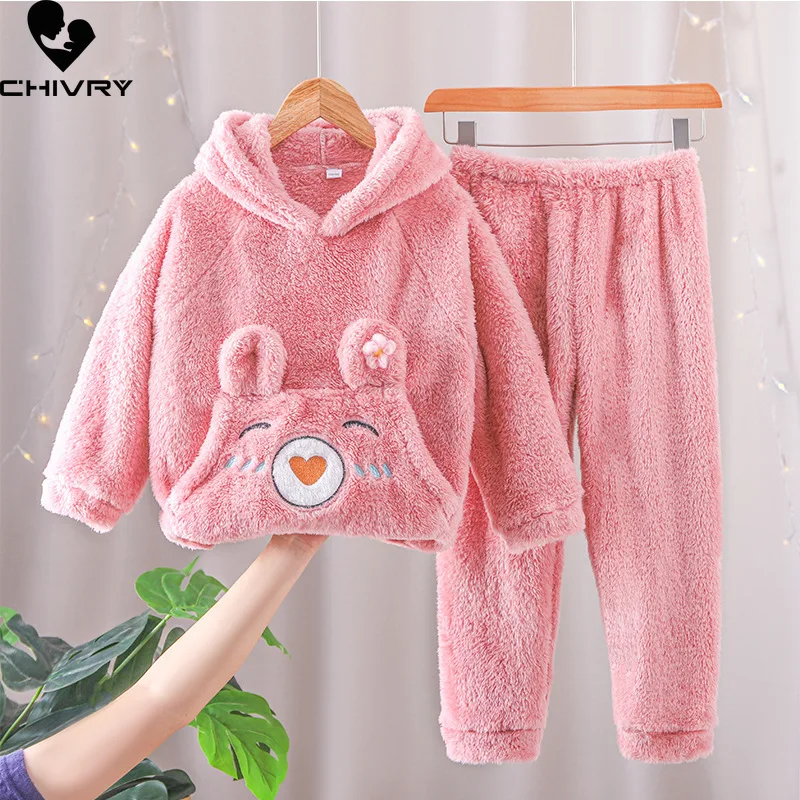 

New Kids Flannel Pajama Sets Girls Autumn Winter Thicken Warm Home Wear Children Baby Hooded Long Sleeve Sleeping Clothing Sets